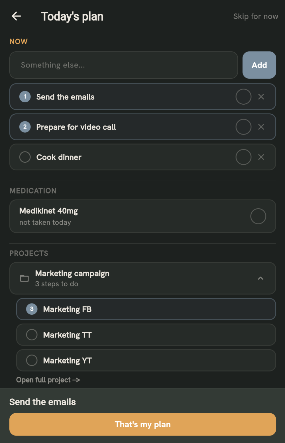 Daily check-in and planning screen